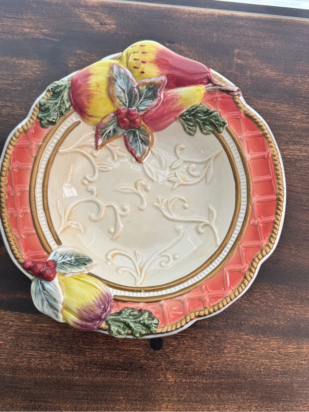 Vintage Fitz & Floyd 'For All Seasons' ceramic fruit-themed candy bowl.